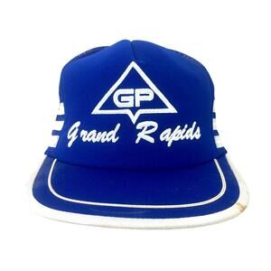 Vtg GP Grand Rapids Michigan Blue 3 Stripe Puff Print Snapback Trucker Hat Cap